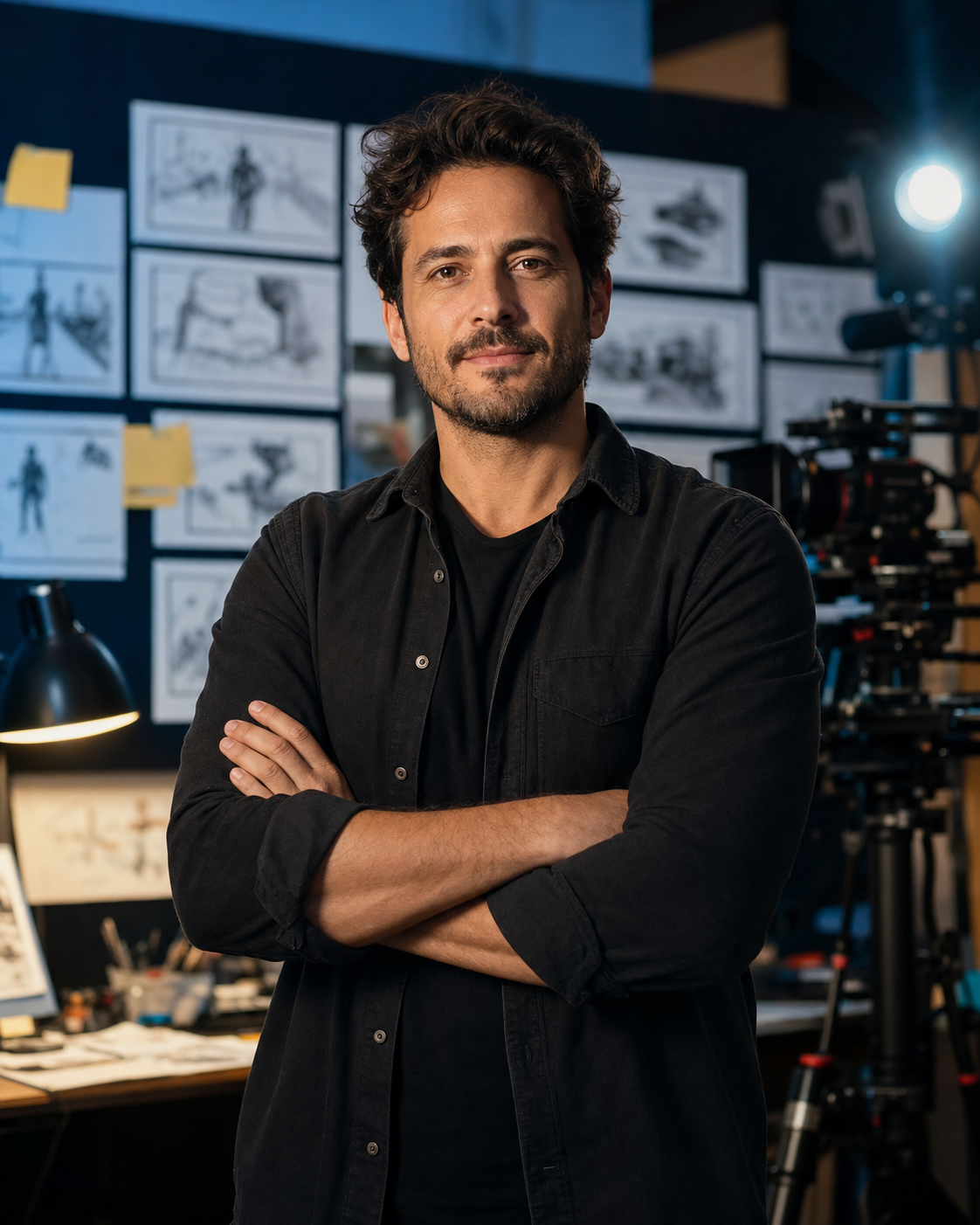 Florian Petit, réalisateur, dans son studio entouré de planches de storyboard et de matériel caméra à Montauban