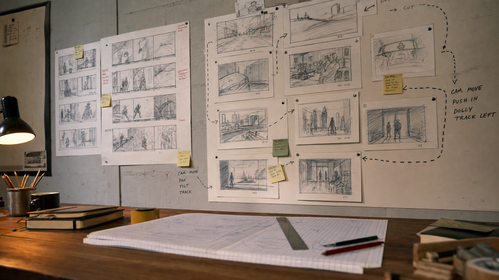 Mur de studio couvert de planches de storyboard punaisées avec croquis et flèches de mouvement de caméra
