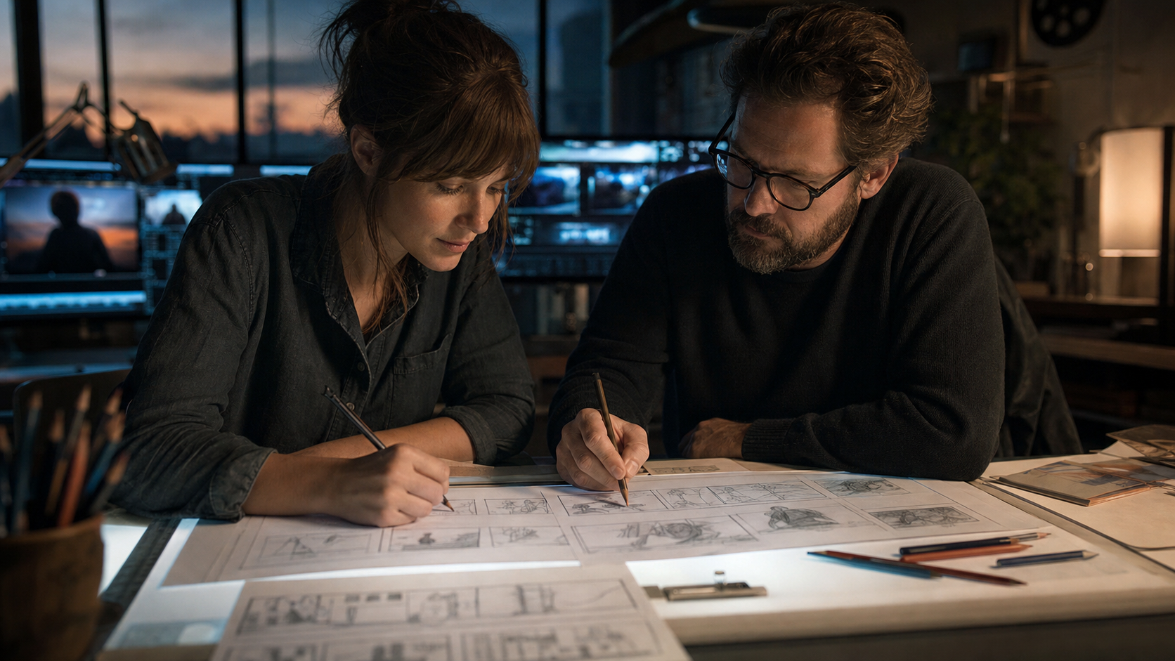Illustrateur storyboard dessinant des vignettes d'animatique sur une table lumineuse dans un studio vidéo à Montauban
