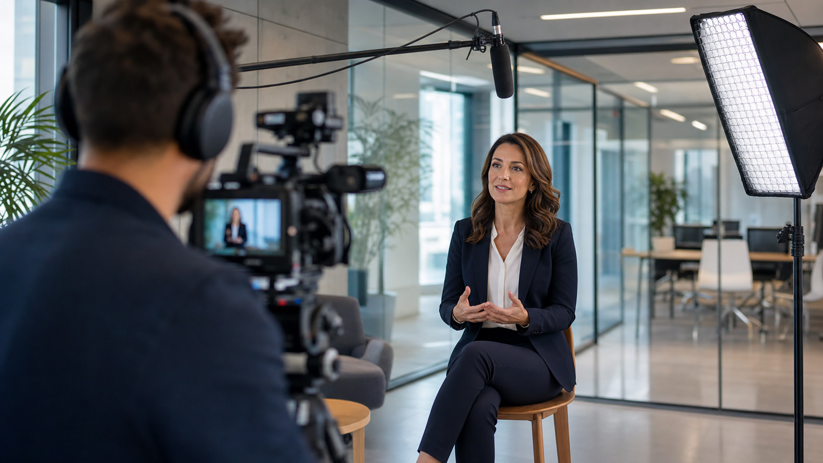 Tournage d'une vidéo corporate en entreprise avec interview filmée et éclairage studio