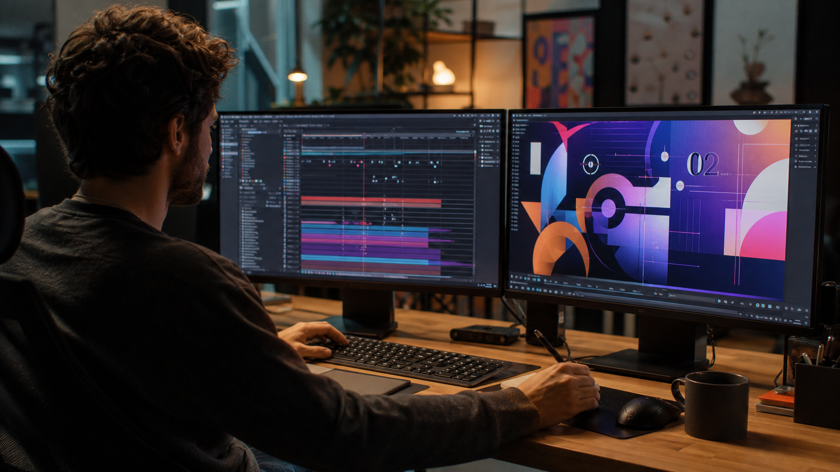 Motion designer animant des titrages et incrustations graphiques sur un poste de montage