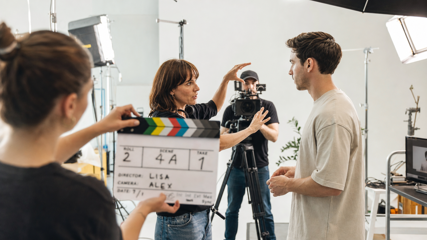 Réalisateur dirigeant une scène de publicité vidéo avec clap et éclairage professionnel