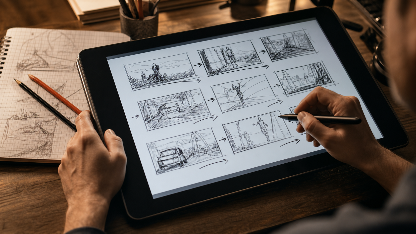 Artiste storyboard esquissant des vignettes de plan de tournage sur une tablette graphique
