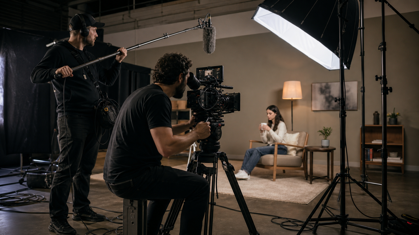 Équipe de tournage filmant une scène avec caméra cinéma et éclairage professionnel en studio